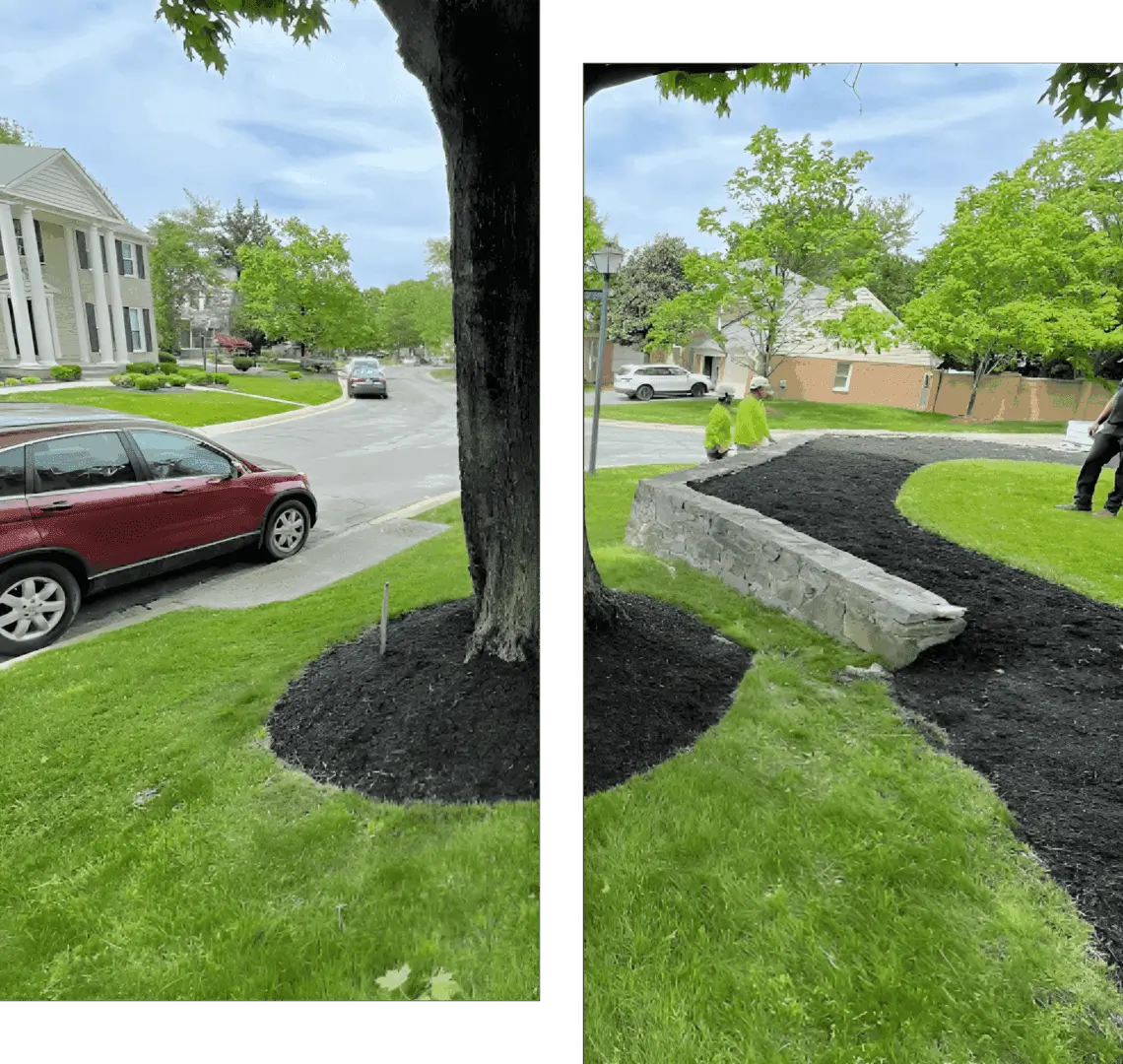 Freshly mulched garden beds along a residential driveway and sidewalk.